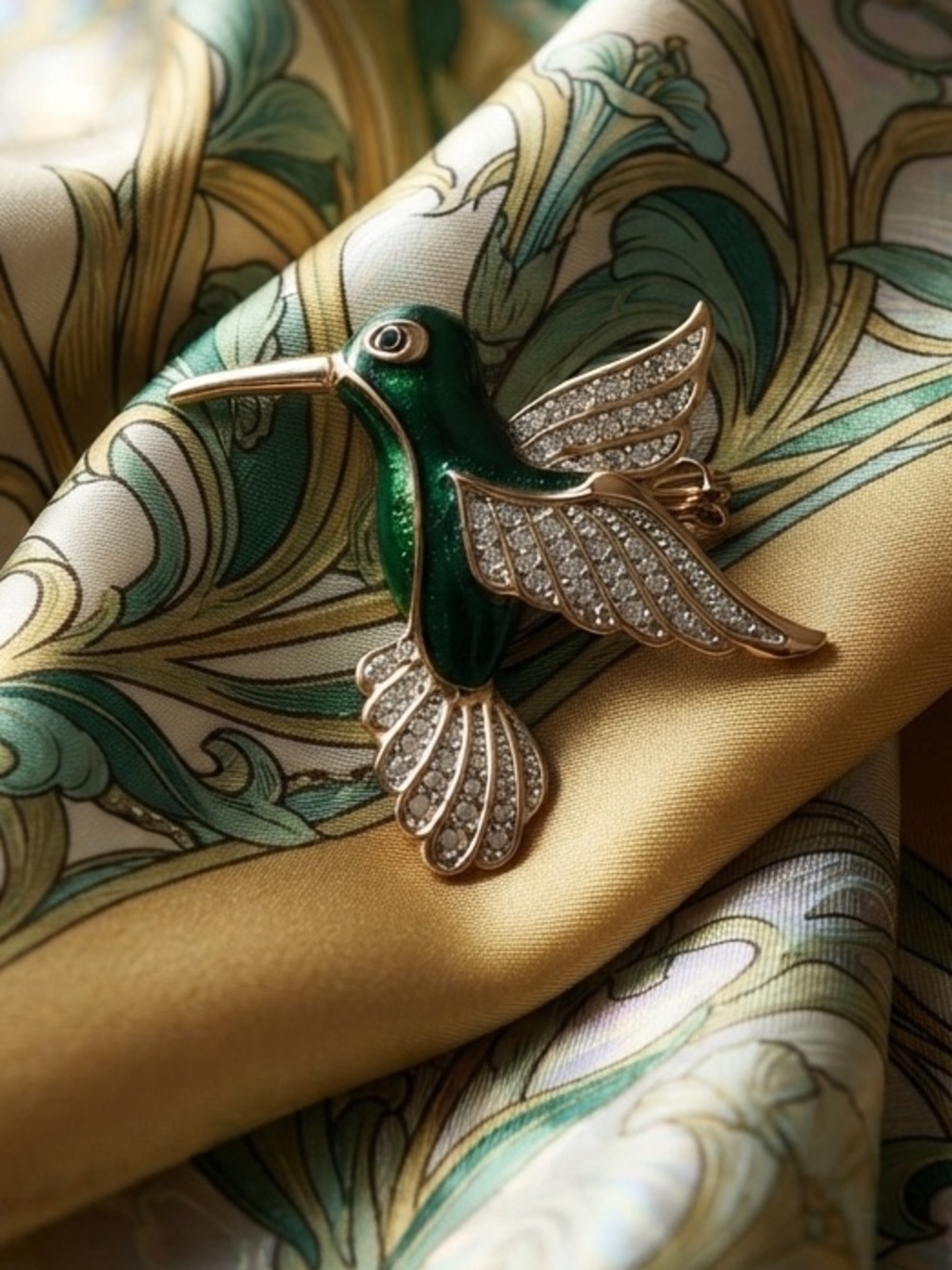 Vintage Hummingbird Brooch Pin Green Enamel Rhinestone Gold Tone